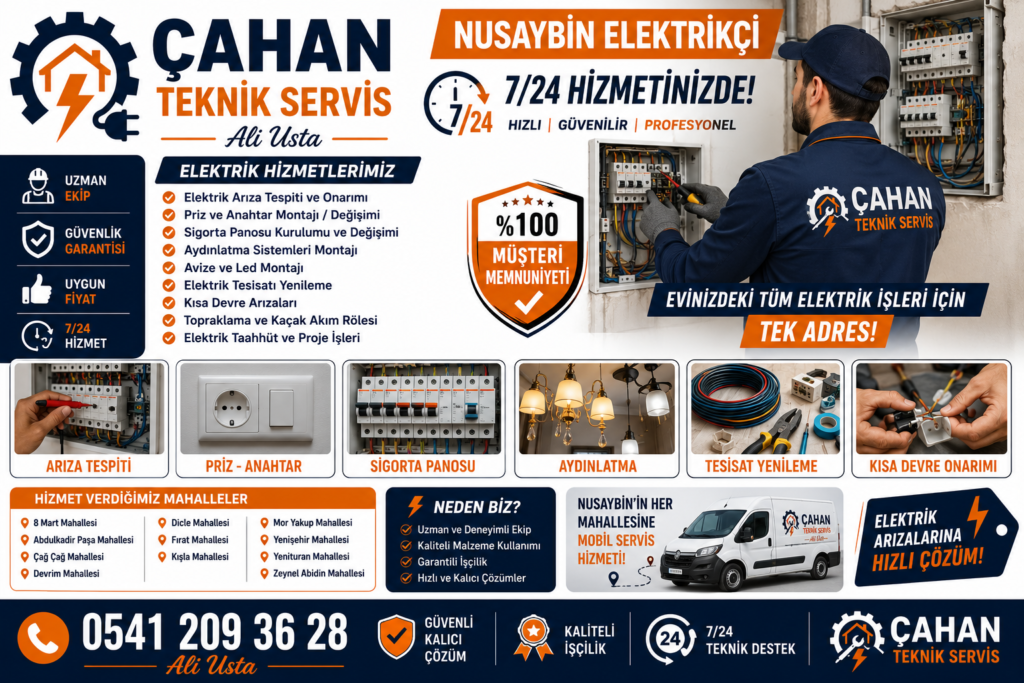 Nusaybin elektrikçi Çahan Teknik Servis tarafından sunulan elektrik arıza, priz ve anahtar montajı, sigorta panosu, aydınlatma ve elektrik tesisatı hizmetlerini tanıtan reklam afişi.